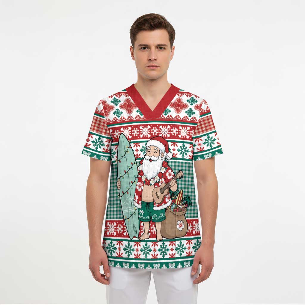 Hawaiian Funny Santa Surf Scrub Top Mele Kalikimaka Palaka Quilt Pattern - Polynesian Pride