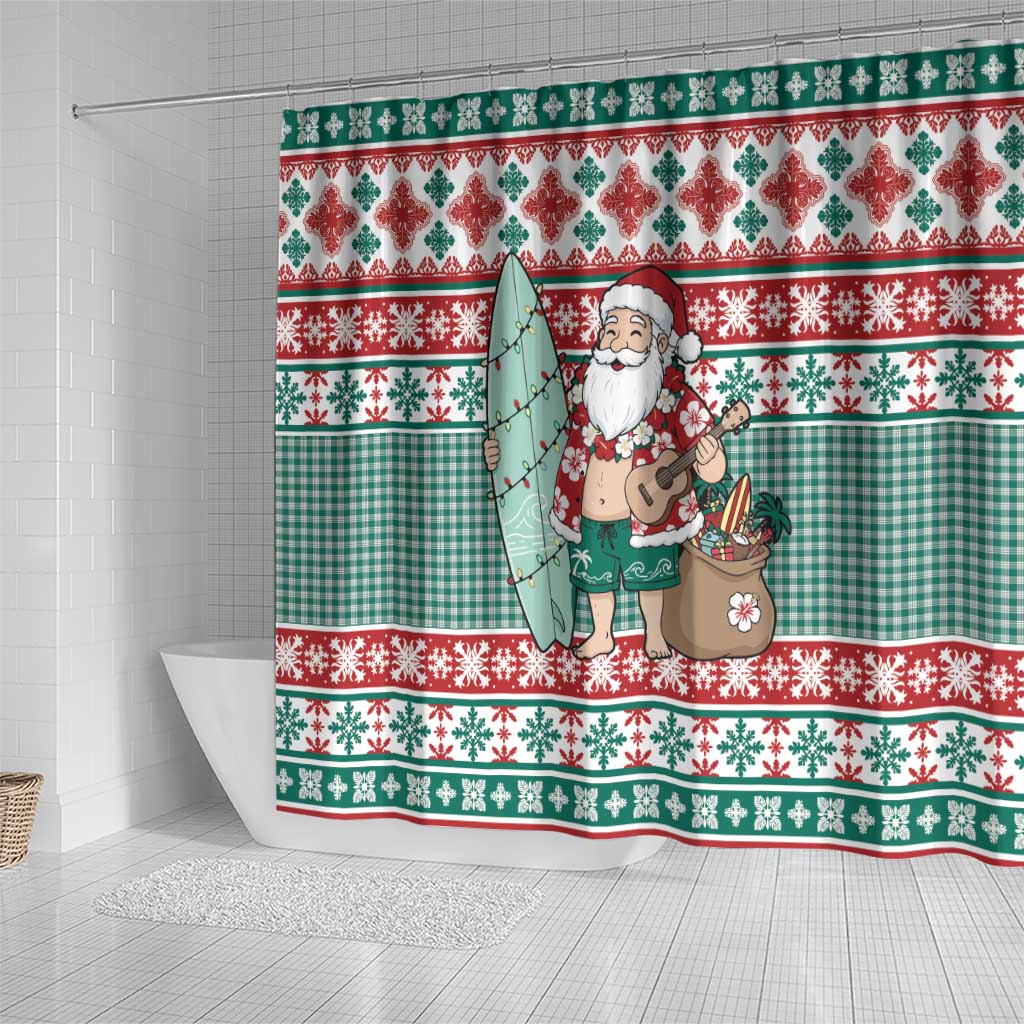 Hawaiian Funny Santa Surf Shower Curtain Mele Kalikimaka Palaka Quilt Pattern - Polynesian Pride