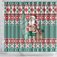 Hawaiian Funny Santa Surf Shower Curtain Mele Kalikimaka Palaka Quilt Pattern - Polynesian Pride