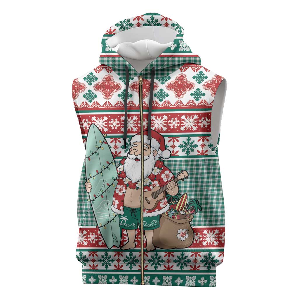 Hawaiian Funny Santa Surf Sleeveless Zip Hoodie Mele Kalikimaka Palaka Quilt Pattern - Polynesian Pride
