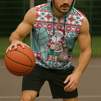 Hawaiian Funny Santa Surf Sleeveless Zip Hoodie Mele Kalikimaka Palaka Quilt Pattern - Polynesian Pride