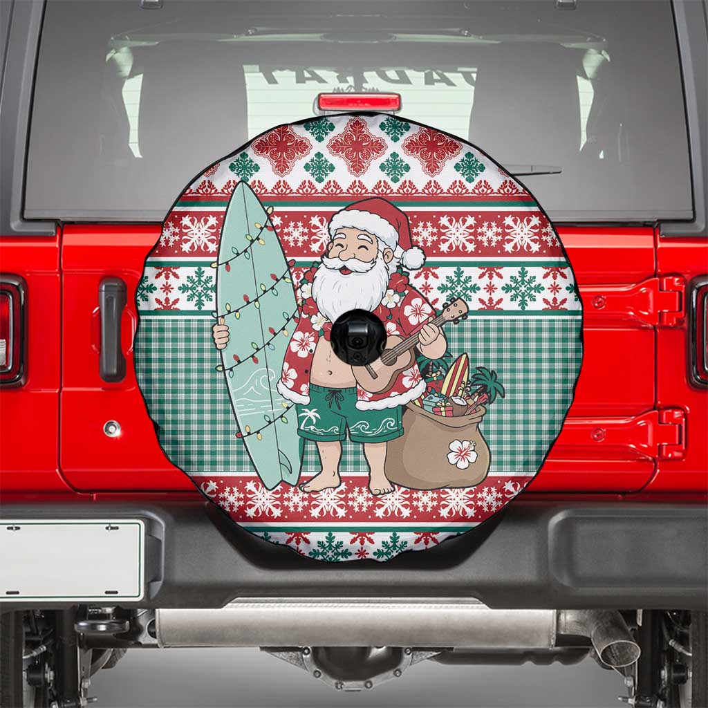 Hawaiian Funny Santa Surf Spare Tire Cover Mele Kalikimaka Palaka Quilt Pattern - Polynesian Pride