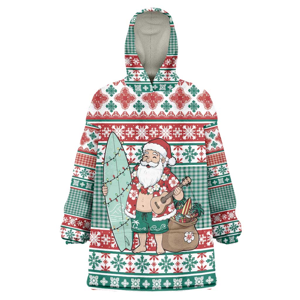 Hawaiian Funny Santa Surf Wearable Blanket Hoodie Mele Kalikimaka Palaka Quilt Pattern - Polynesian Pride