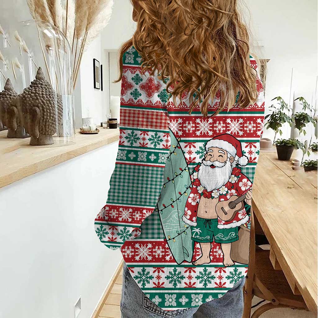 Hawaiian Funny Santa Surf Women Casual Shirt Mele Kalikimaka Palaka Quilt Pattern - Polynesian Pride