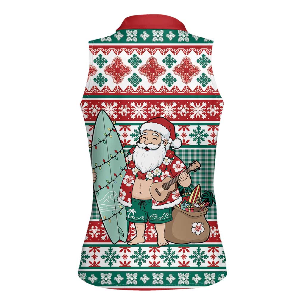 Hawaiian Funny Santa Surf Women Sleeveless Polo Shirt Mele Kalikimaka Palaka Quilt Pattern - Polynesian Pride