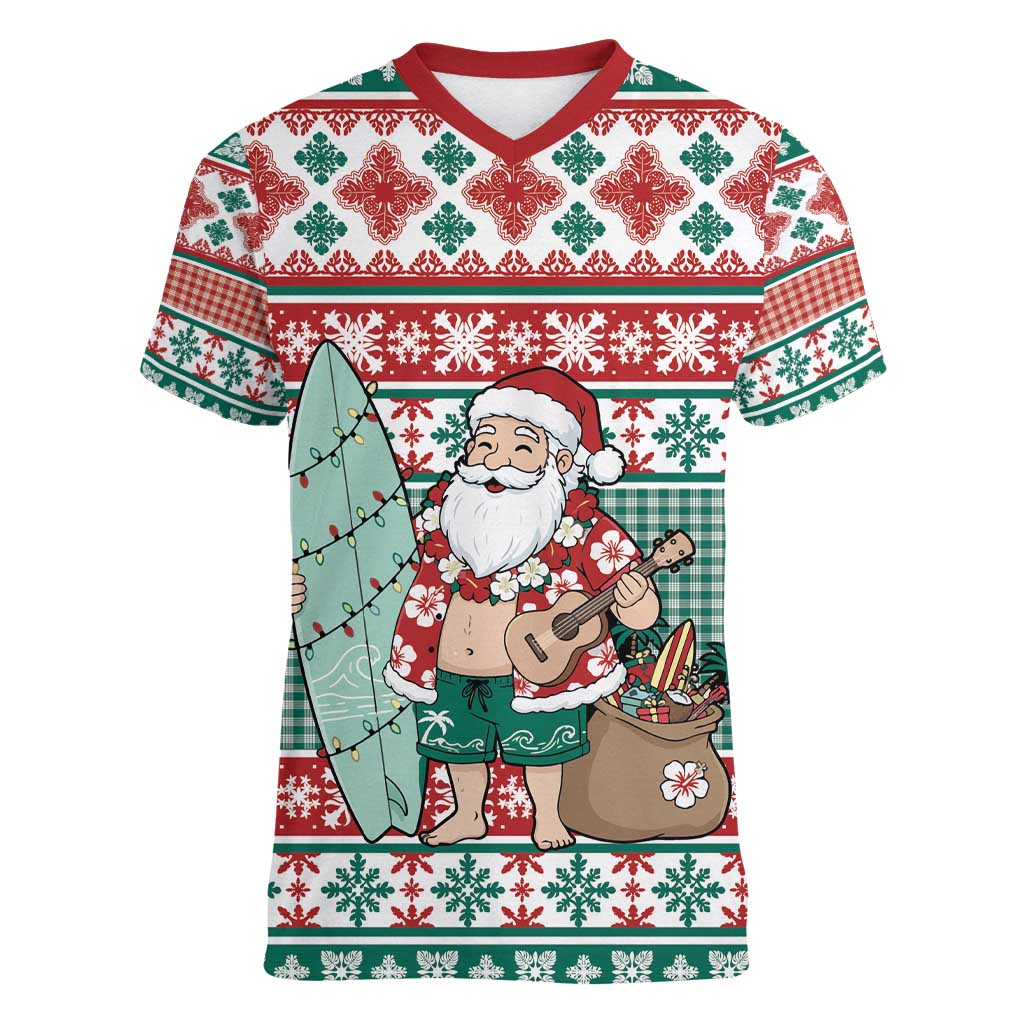 Hawaiian Funny Santa Surf Women V-Neck T-Shirt Mele Kalikimaka Palaka Quilt Pattern - Polynesian Pride