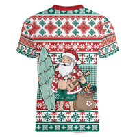 Hawaiian Funny Santa Surf Women V-Neck T-Shirt Mele Kalikimaka Palaka Quilt Pattern - Polynesian Pride