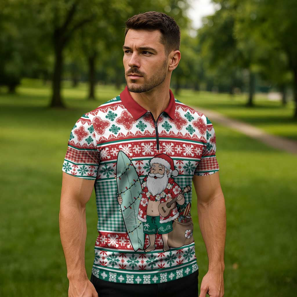 Hawaiian Funny Santa Surf Zipper Polo Shirt Mele Kalikimaka Palaka Quilt Pattern - Polynesian Pride