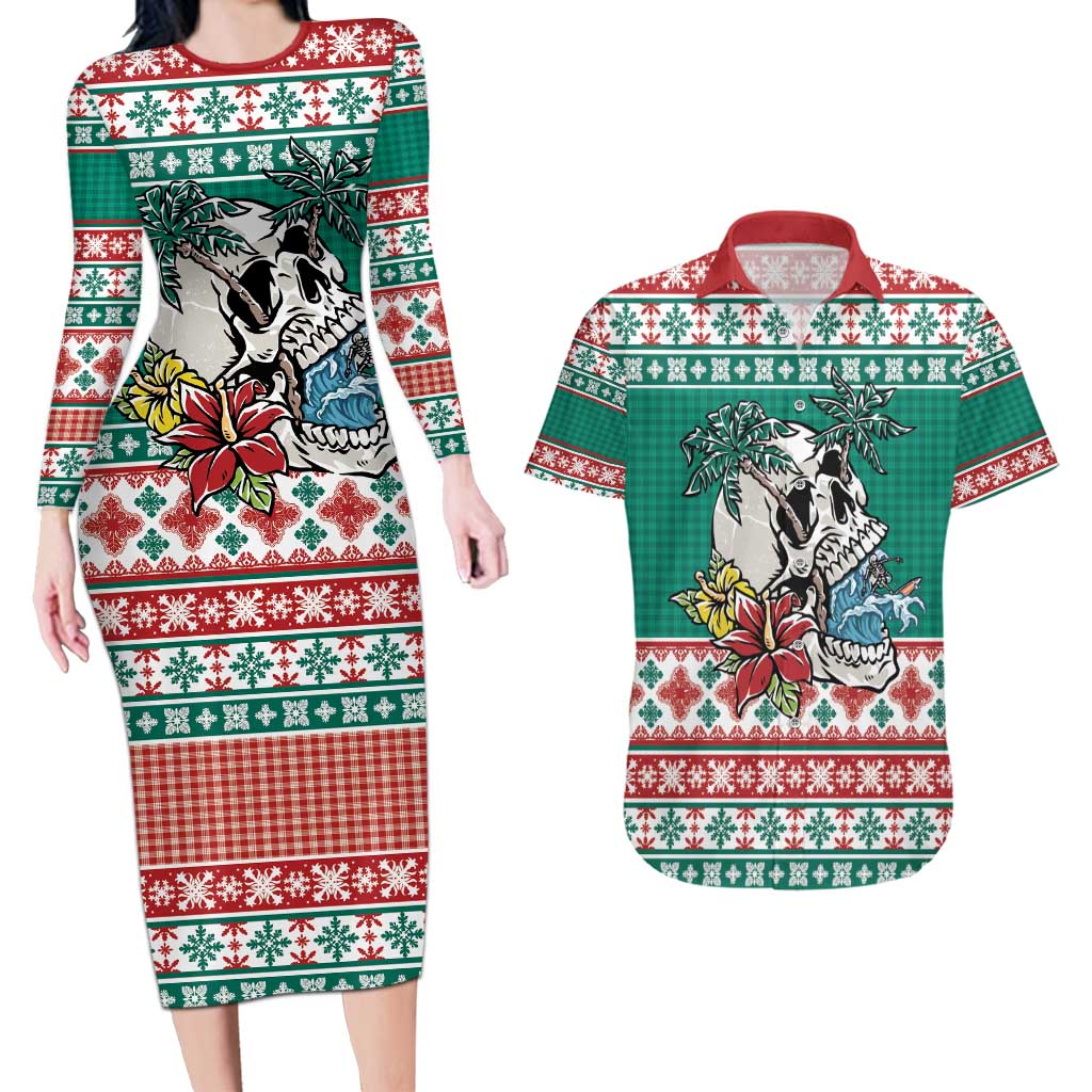 Hawaiian Skull Surfs Couples Matching Long Sleeve Bodycon Dress and Hawaiian Shirt Mele Kalikimaka Palaka Quilt Pattern - Polynesian Pride