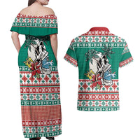 Hawaiian Skull Surfs Couples Matching Off Shoulder Maxi Dress and Hawaiian Shirt Mele Kalikimaka Palaka Quilt Pattern - Polynesian Pride