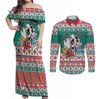 Hawaiian Skull Surfs Couples Matching Off Shoulder Maxi Dress and Long Sleeve Button Shirt Mele Kalikimaka Palaka Quilt Pattern - Polynesian Pride