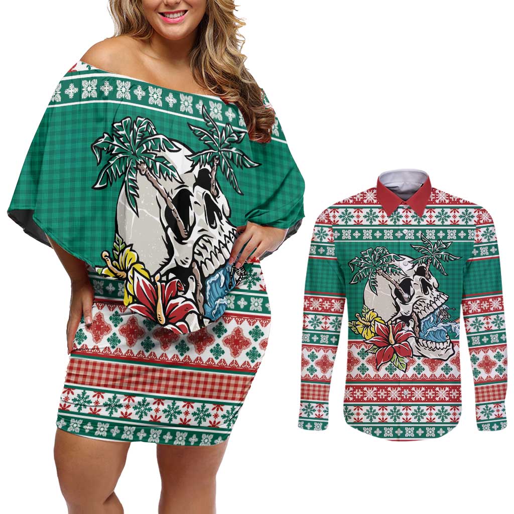 Hawaiian Skull Surfs Couples Matching Off Shoulder Short Dress and Long Sleeve Button Shirt Mele Kalikimaka Palaka Quilt Pattern - Polynesian Pride