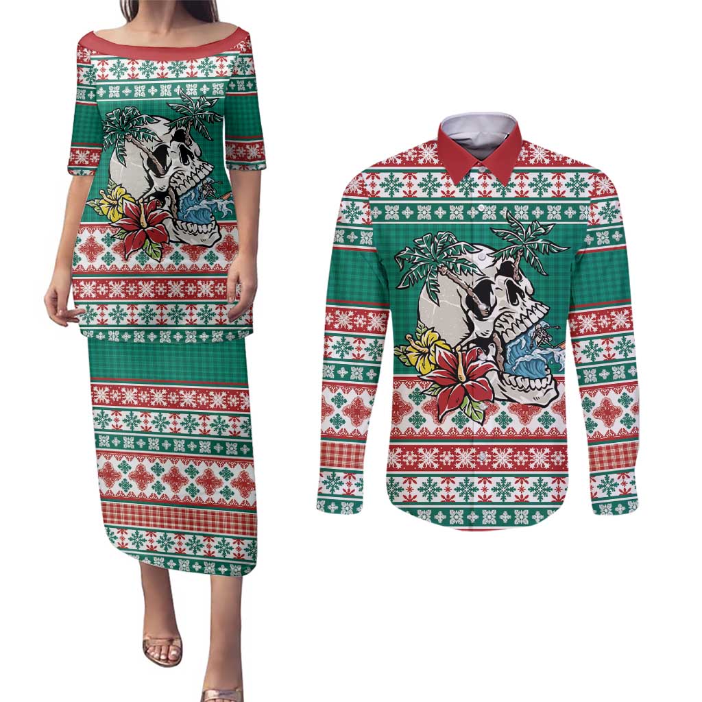 Hawaiian Skull Surfs Couples Matching Puletasi and Long Sleeve Button Shirt Mele Kalikimaka Palaka Quilt Pattern - Polynesian Pride