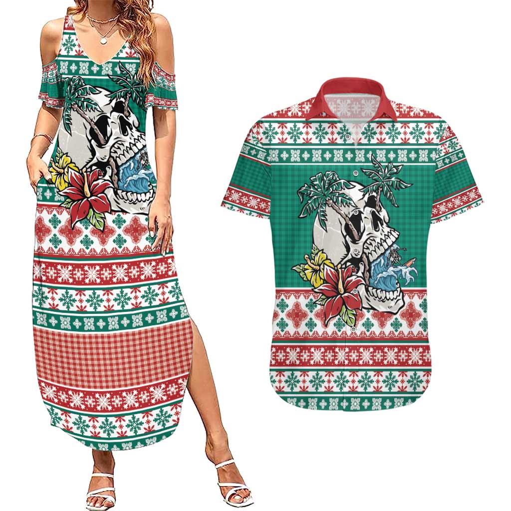 Hawaiian Skull Surfs Couples Matching Summer Maxi Dress and Hawaiian Shirt Mele Kalikimaka Palaka Quilt Pattern - Polynesian Pride