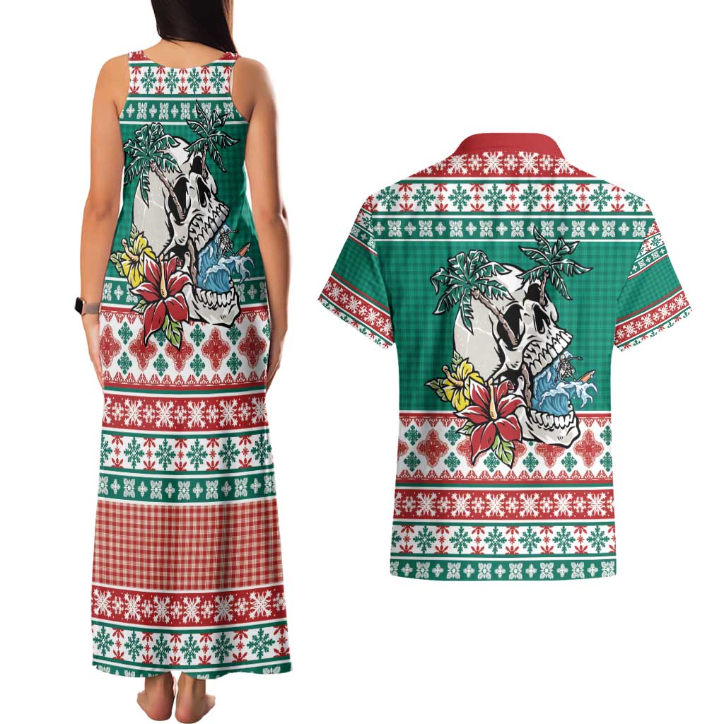 Hawaiian Skull Surfs Couples Matching Tank Maxi Dress and Hawaiian Shirt Mele Kalikimaka Palaka Quilt Pattern - Polynesian Pride