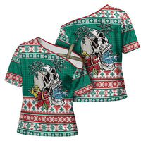 Hawaiian Skull Surfs Cross Shoulder Shirt Mele Kalikimaka Palaka Quilt Pattern - Polynesian Pride