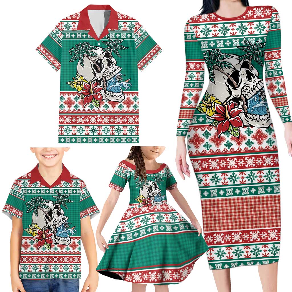 Hawaiian Skull Surfs Family Matching Long Sleeve Bodycon Dress and Hawaiian Shirt Mele Kalikimaka Palaka Quilt Pattern - Polynesian Pride
