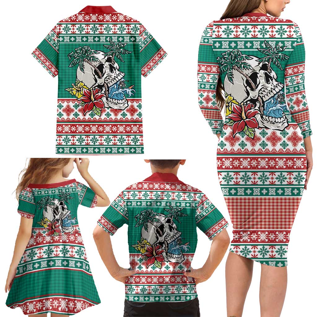 Hawaiian Skull Surfs Family Matching Long Sleeve Bodycon Dress and Hawaiian Shirt Mele Kalikimaka Palaka Quilt Pattern - Polynesian Pride