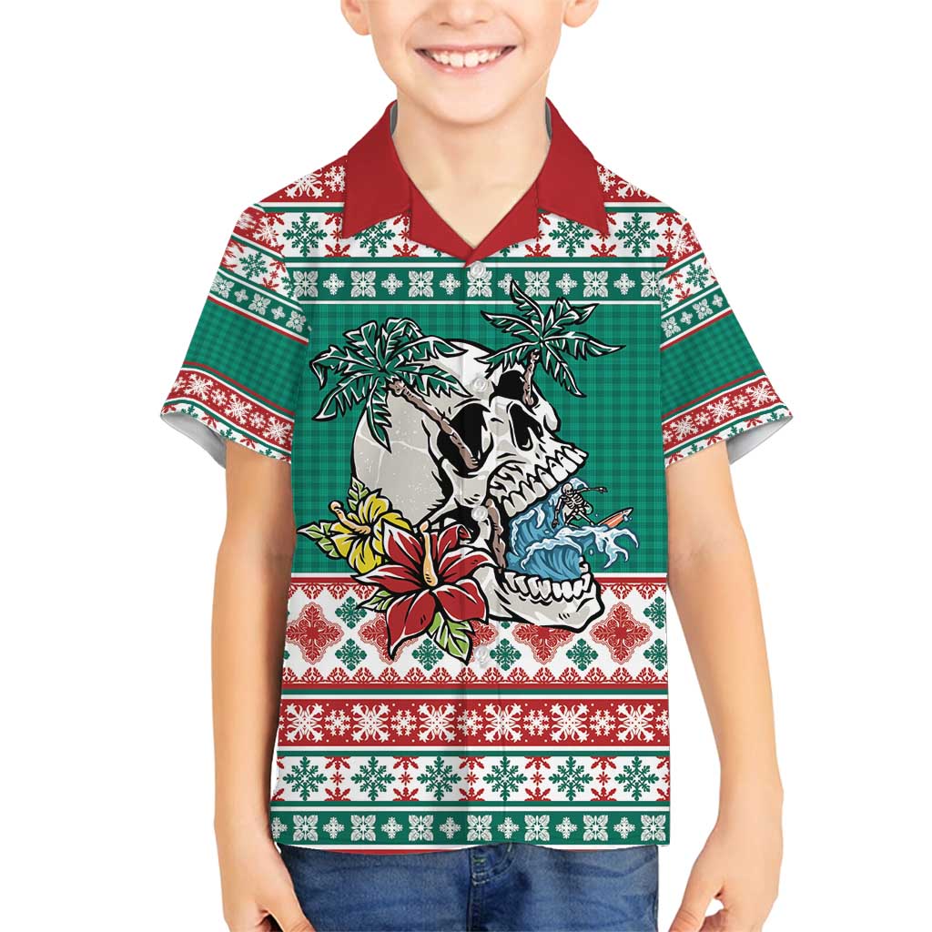 Hawaiian Skull Surfs Family Matching Long Sleeve Bodycon Dress and Hawaiian Shirt Mele Kalikimaka Palaka Quilt Pattern - Polynesian Pride