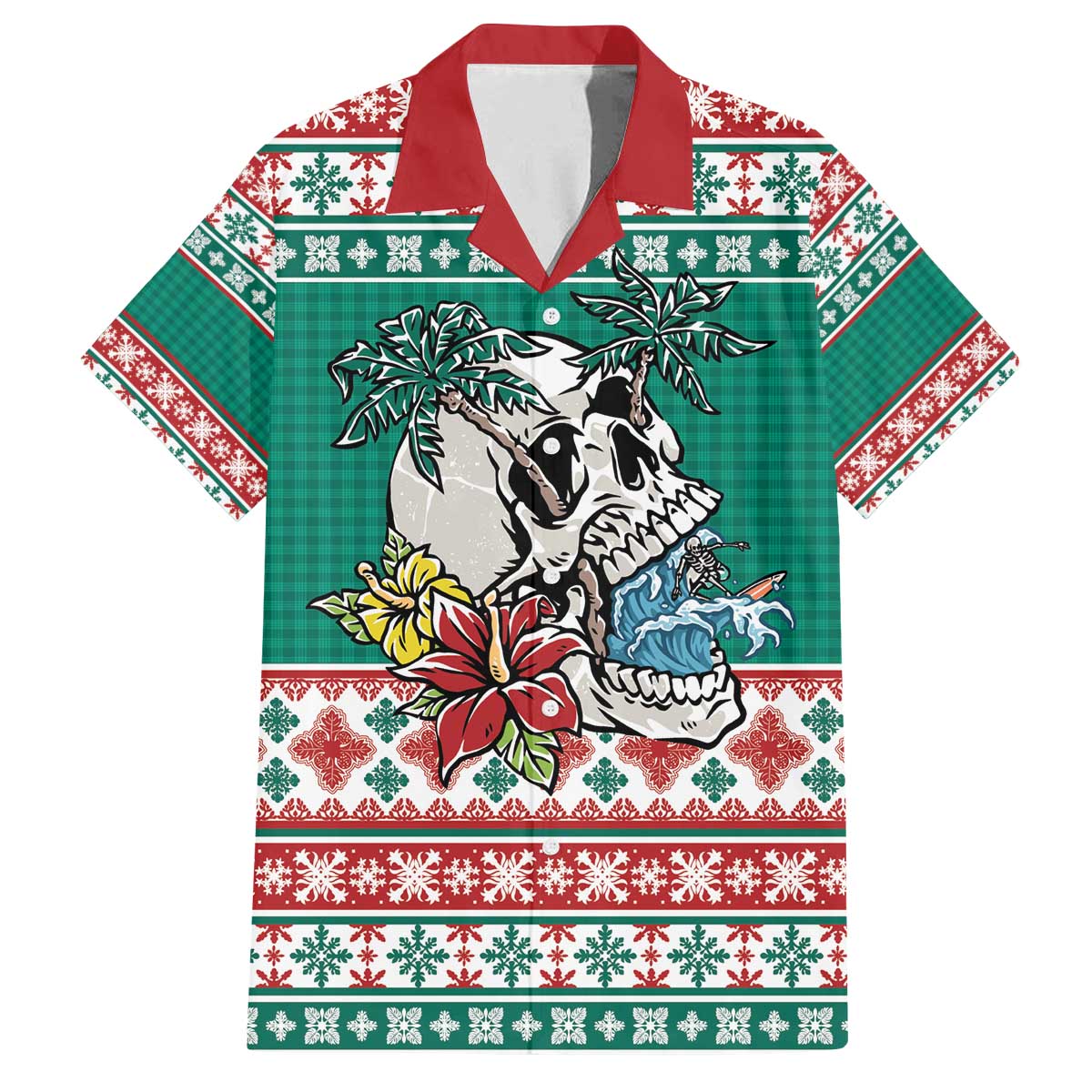 Hawaiian Skull Surfs Family Matching Off The Shoulder Long Sleeve Dress and Hawaiian Shirt Mele Kalikimaka Palaka Quilt Pattern - Polynesian Pride