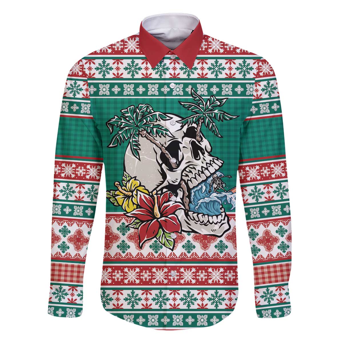 Hawaiian Skull Surfs Family Matching Off The Shoulder Long Sleeve Dress and Hawaiian Shirt Mele Kalikimaka Palaka Quilt Pattern - Polynesian Pride