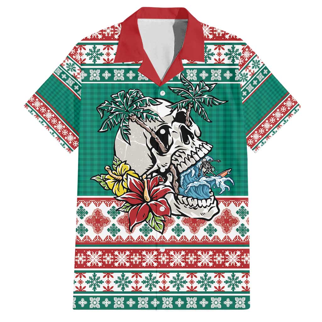 Hawaiian Skull Surfs Family Matching Off Shoulder Maxi Dress and Hawaiian Shirt Mele Kalikimaka Palaka Quilt Pattern - Polynesian Pride