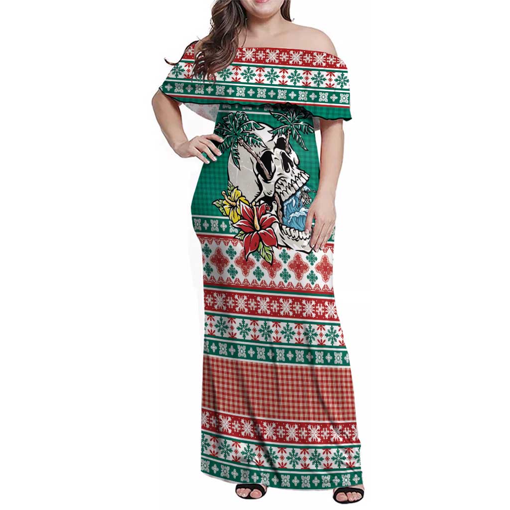 Hawaiian Skull Surfs Family Matching Off Shoulder Maxi Dress and Hawaiian Shirt Mele Kalikimaka Palaka Quilt Pattern - Polynesian Pride