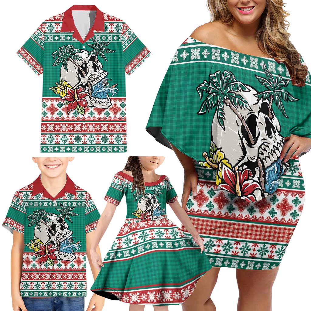 Hawaiian Skull Surfs Family Matching Off Shoulder Short Dress and Hawaiian Shirt Mele Kalikimaka Palaka Quilt Pattern - Polynesian Pride