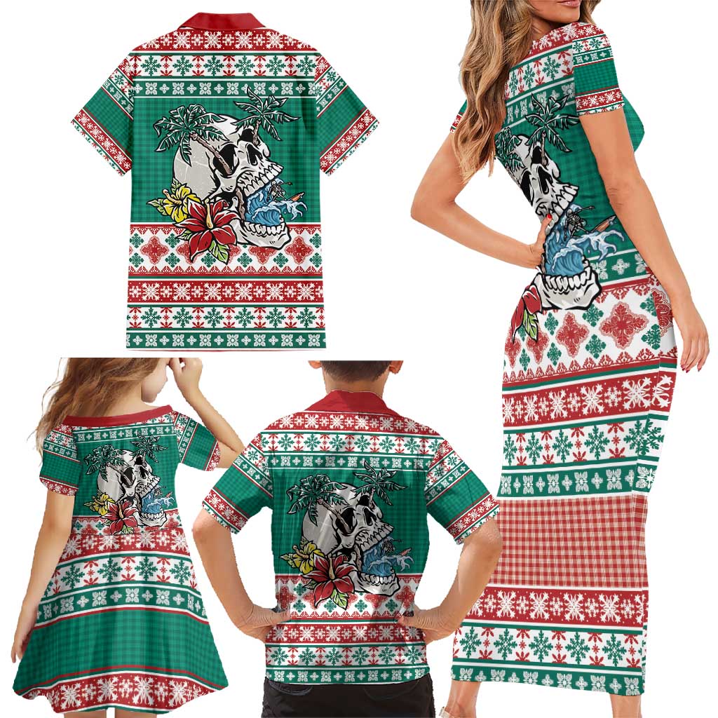 Hawaiian Skull Surfs Family Matching Short Sleeve Bodycon Dress and Hawaiian Shirt Mele Kalikimaka Palaka Quilt Pattern - Polynesian Pride