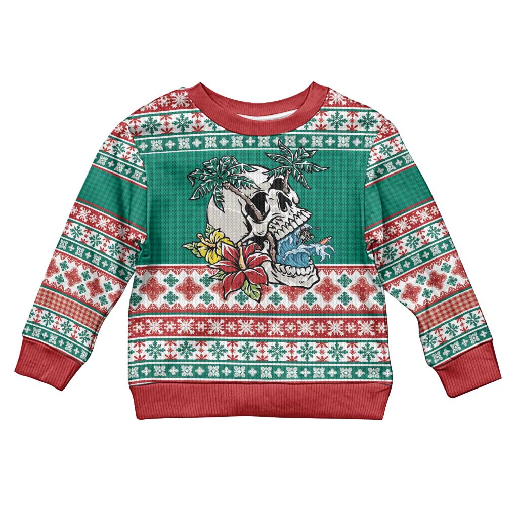 Hawaiian Skull Surfs Kid Ugly Christmas Sweater Mele Kalikimaka Palaka Quilt Pattern - Polynesian Pride
