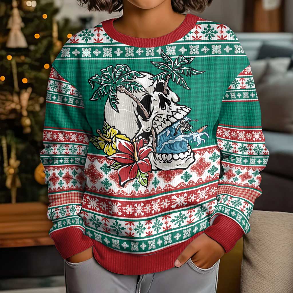 Hawaiian Skull Surfs Kid Ugly Christmas Sweater Mele Kalikimaka Palaka Quilt Pattern - Polynesian Pride