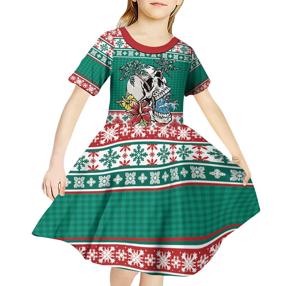 Hawaiian Skull Surfs Kid Short Sleeve Dress Mele Kalikimaka Palaka Quilt Pattern - Polynesian Pride
