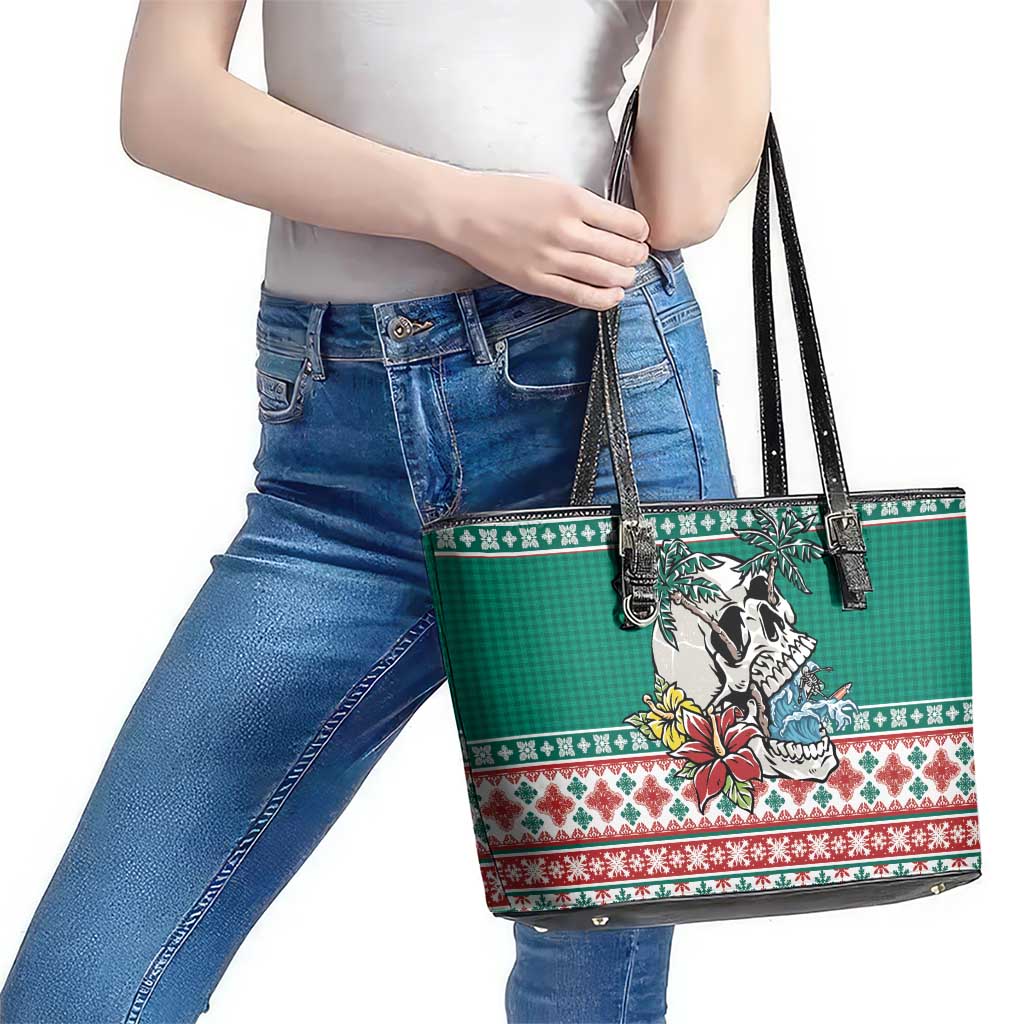 Hawaiian Skull Surfs Leather Tote Bag Mele Kalikimaka Palaka Quilt Pattern - Polynesian Pride