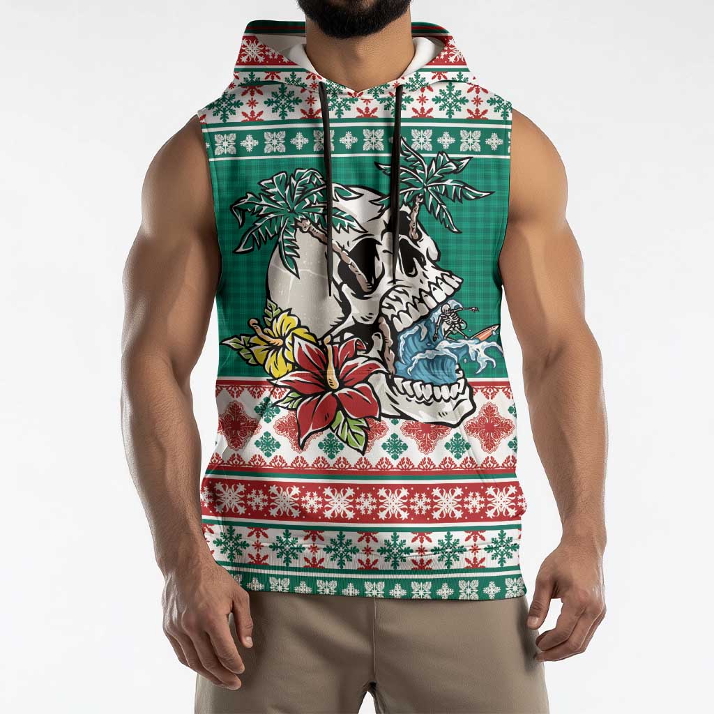 Hawaiian Skull Surfs Sleeveless Hoodie Mele Kalikimaka Palaka Quilt Pattern - Polynesian Pride