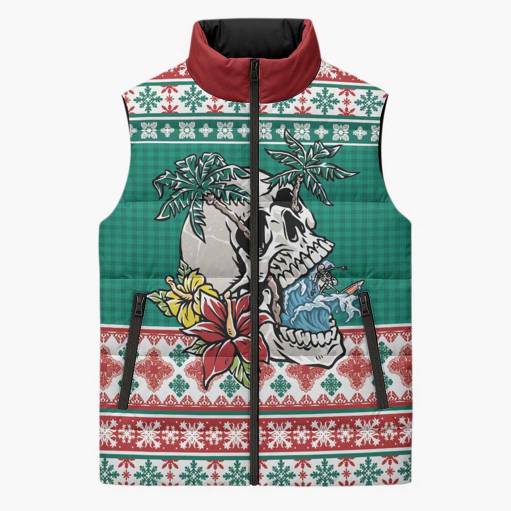 Hawaiian Skull Surfs Sleeveless Puffer Jacket Mele Kalikimaka Palaka Quilt Pattern - Polynesian Pride