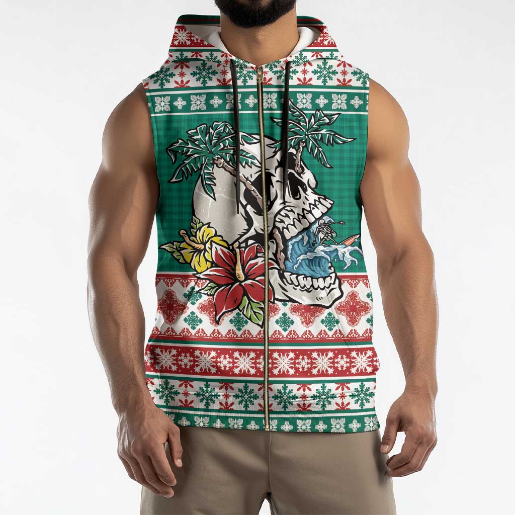 Hawaiian Skull Surfs Sleeveless Zip Hoodie Mele Kalikimaka Palaka Quilt Pattern - Polynesian Pride