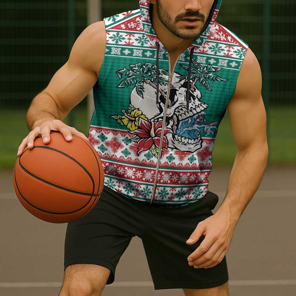 Hawaiian Skull Surfs Sleeveless Zip Hoodie Mele Kalikimaka Palaka Quilt Pattern - Polynesian Pride