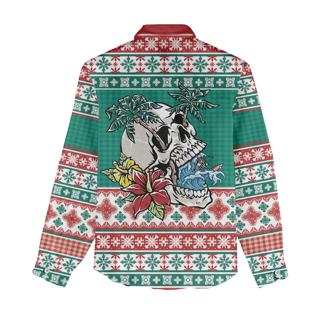 Hawaiian Skull Surfs Women Casual Shirt Mele Kalikimaka Palaka Quilt Pattern - Polynesian Pride