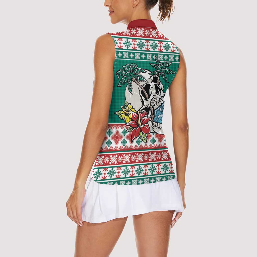 Hawaiian Skull Surfs Women Sleeveless Polo Shirt Mele Kalikimaka Palaka Quilt Pattern - Polynesian Pride
