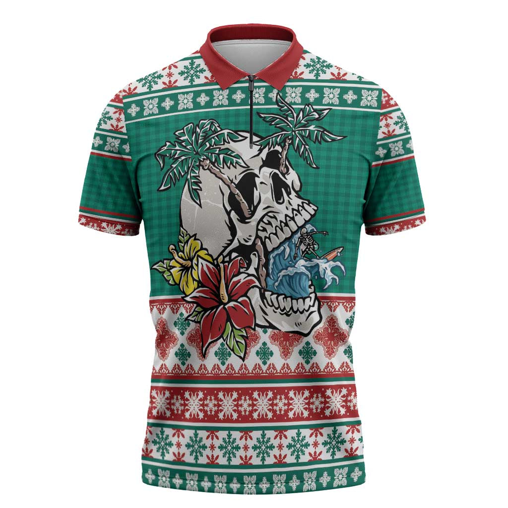 Hawaiian Skull Surfs Zipper Polo Shirt Mele Kalikimaka Palaka Quilt Pattern - Polynesian Pride