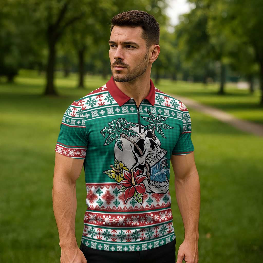 Hawaiian Skull Surfs Zipper Polo Shirt Mele Kalikimaka Palaka Quilt Pattern - Polynesian Pride