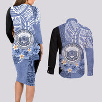 Aloha Vintage Hawaii Tribal Couples Matching Long Sleeve Bodycon Dress and Long Sleeve Button Shirt Blue Style LT9 - Polynesian Pride