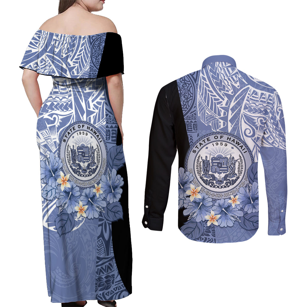 Aloha Vintage Hawaii Tribal Couples Matching Off Shoulder Maxi Dress and Long Sleeve Button Shirt Blue Style LT9 - Polynesian Pride