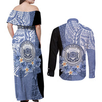 Aloha Vintage Hawaii Tribal Couples Matching Off Shoulder Maxi Dress and Long Sleeve Button Shirt Blue Style LT9 - Polynesian Pride