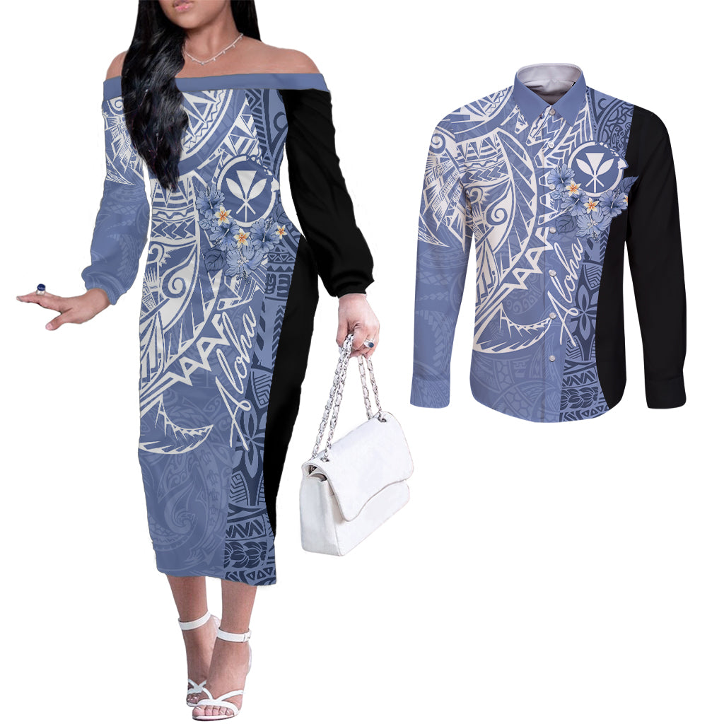 Aloha Vintage Hawaii Tribal Couples Matching Off The Shoulder Long Sleeve Dress and Long Sleeve Button Shirt Blue Style LT9 Blue - Polynesian Pride