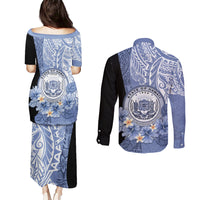 Aloha Vintage Hawaii Tribal Couples Matching Puletasi Dress and Long Sleeve Button Shirt Blue Style LT9 - Polynesian Pride