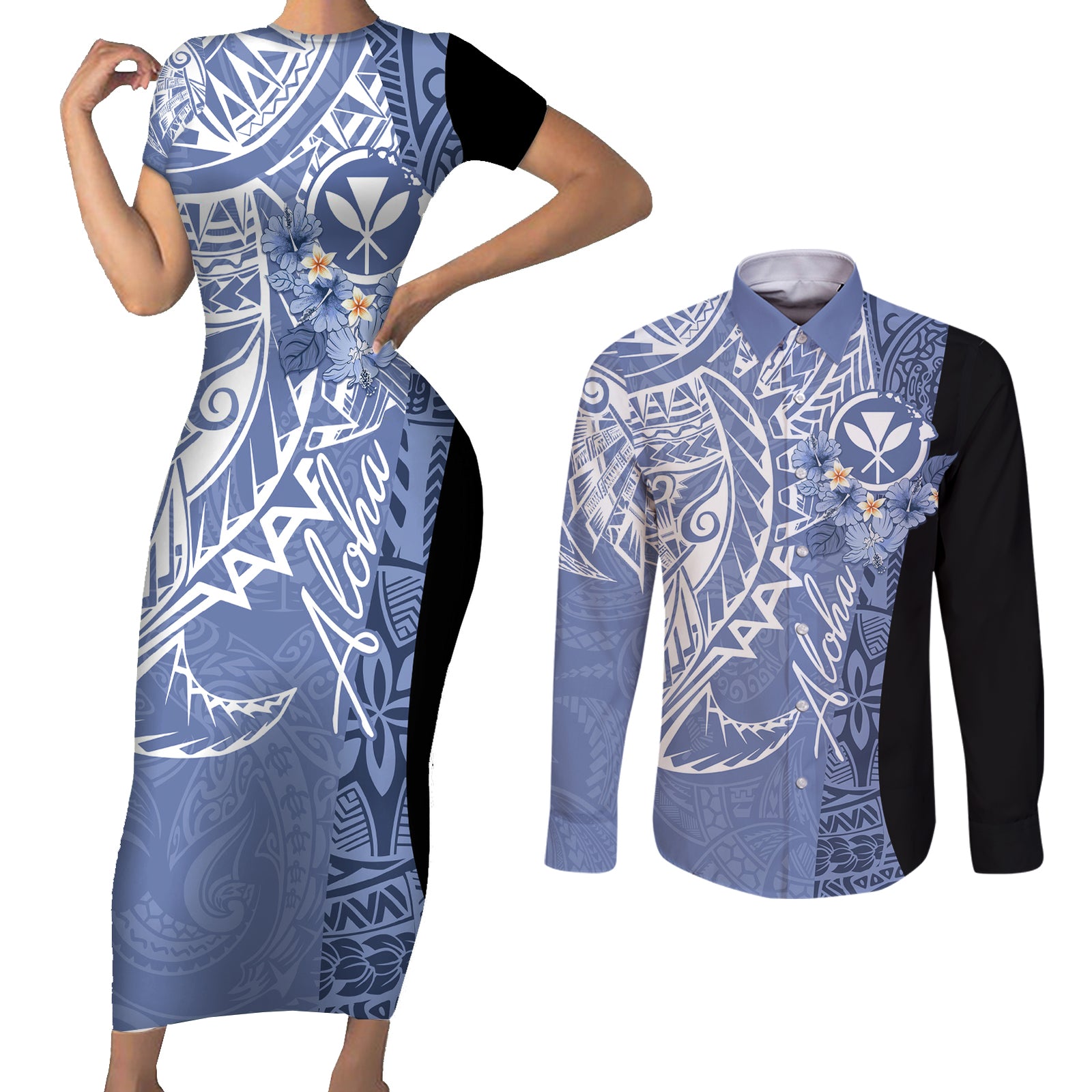 Aloha Vintage Hawaii Tribal Couples Matching Short Sleeve Bodycon Dress and Long Sleeve Button Shirt Blue Style LT9 Blue - Polynesian Pride