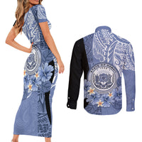 Aloha Vintage Hawaii Tribal Couples Matching Short Sleeve Bodycon Dress and Long Sleeve Button Shirt Blue Style LT9 - Polynesian Pride