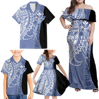 Aloha Vintage Hawaii Tribal Family Matching Off Shoulder Maxi Dress and Hawaiian Shirt Blue Style LT9 - Polynesian Pride