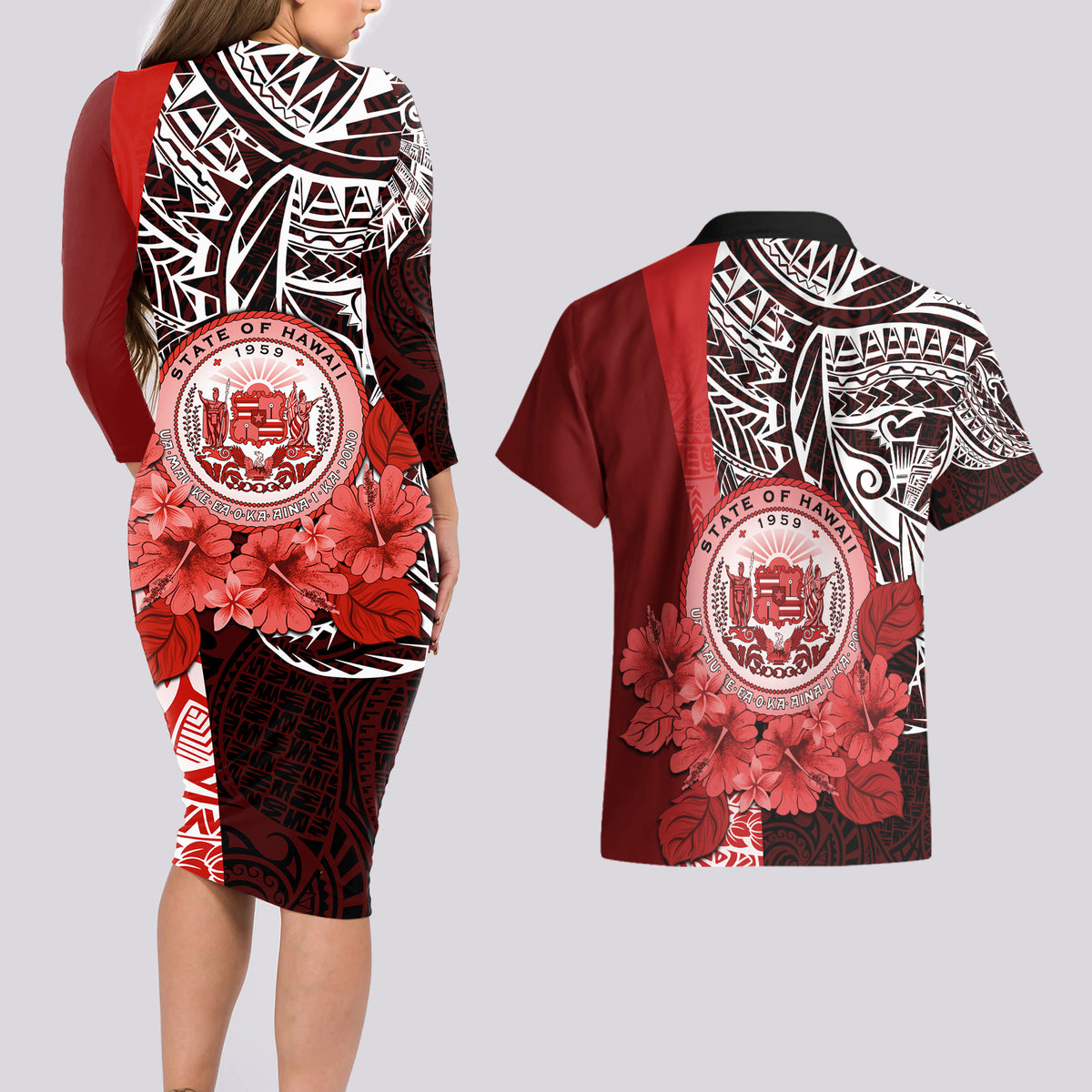 Aloha Vintage Hawaii Tribal Couples Matching Long Sleeve Bodycon Dress and Hawaiian Shirt Red Style LT9 - Polynesian Pride